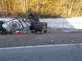 The wreckage of a horse-drawn buggy is shown following a collision with a vehicle near New Perth, P.E.I., in this March 20, 2019 handout photo. Police say a teenager has been charged with failing to properly clear the windshield of his pickup truck after colliding with a horse-drawn buggy in Prince Edward Island.The RCMP say the crash happened yesterday morning on Route 22 in the New Perth area.