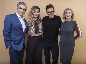 Eugene Levy, from left, Annie Murphy, Daniel Levy and Catherine O'Hara cast members in the Pop TV series "Schitt's Creek" pose for a portrait during the 2018 Television Critics Association Winter Press Tour in Pasadena, Calif., on January 14, 2018. "Schitt's Creek" fans, prepare to say goodbye to the Rose family. As the hit Canadian comedy series cements its status as a critical and cultural smash during its fifth season, father-and-son co-creators Eugene Levy and Daniel Levy have announced the story will come to an end next year. In a statement on Daniel Levy's social media accounts Thursday, they revealed the beloved half-hour show will wrap up for good at the end of its sixth season. The 14 final episodes are due to begin in January 2020 on CBC in Canada and Pop TV in the U.S.