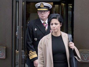 Vice-Admiral Mark Norman follows his lawyer Marie Henein as they leave the courthouse in Ottawa following his first appearance for his trial for breach of trust, on Tuesday, April 10, 2018.