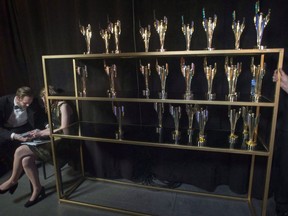 A rack of trophies are seen backstage at the 2017 Canadian Screen Awards in Toronto on Sunday, March 12, 2017. Homegrown comedy will be front and centre as the Canadian Screen Awards air Sunday without a host.