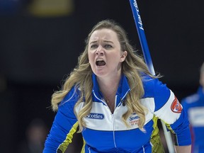 Alberta skip Chelsea Carey directs the sweep as they play British Columbia at the Scotties Tournament of Hearts at Centre 200 in Sydney, N.S. on Monday, Feb. 18, 2019. Carey missed the podium at her first world women's curling championship appearance. She's hoping to win some hardware this time around as she returns to the world playdowns starting March 16 in Silkeborg, Denmark.