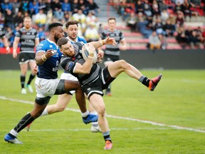 Toronto's Blake Wallace with the ball in the Wolfpack's 46-16 loss to the Toulouse Olympique in Toulouse, France, last Sunday.