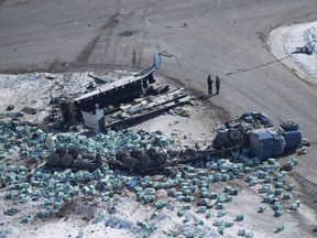 The wreckage of a fatal crash outside of Tisdale, Sask., is seen on Saturday, April, 7, 2018. A Saskatchewan judge who sentenced a truck driver to prison for the deadly Humboldt Broncos crash is calling for an end to "carnage on our highways."