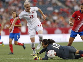 Canada's midfielder Sophie Schmidt (13) attempts to get the ball past Costa Rica's goalkeeper Noelia Bermudez (18) during second half soccer action of a friendly match in Winnipeg, Thursday, June 8, 2017. Better known as a midfielder, Schmidt has played in the Canadian backline at the Algarve Cup.THE CANADIAN PRESS/John Woods