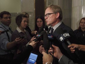 Alberta Education Minister David Eggen speaks to the media in Edmonton on Wednesday, November 15, 2017. Eggen says while the ban on controversial seclusion rooms will take effect this fall as promised, exemptions can be granted at the request of schools and parents.