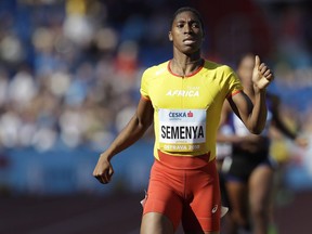 Caster Semenya of South Africa crosses the finish line to win the women's 800 meters for Africa at the IAAF track and field Continental Cup in Ostrava, Czech Republic, Sunday, Sept. 9, 2018. Proposed rules to limit natural testosterone levels in some female track and field athletes are unscientific and would set a precedent for discriminating against people based on their natural abilities, a Canadian researcher says. HE CANADIAN PRESS/AP, Petr David Josek