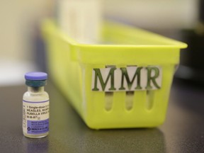 A measles vaccine is shown on a countertop at the Tamalpais Pediatrics clinic Friday, Feb. 6, 2015, in Greenbrae, Calif. Toronto Public Health is investigating a confirmed case of measles and warning that some people may have been exposed to the highly contagious virus.
