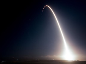 This photo provided by Vandenberg Air Force Base shows the launch of a SpaceX Falcon 9 rocket from the Space Launch Complex-4 at Vandenberg Air Force Base, Calif., Monday, Oct. 9, 2017. A Norwegian company with millions of dollars invested in the Canadian North is weeks away from losing a major contract in the emerging space satellite industry over years of government delay.