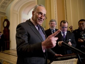 Senate Minority Leader Sen. Chuck Schumer of N.Y. speaks to members of the media following a Senate policy luncheon on Capitol Hill in Washington, Tuesday, March 26, 2019.
