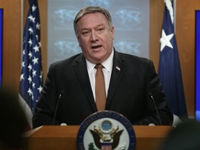 Secretary of State Mike Pompeo speaks during a news conference at the State Department, Friday, March 15, 2019 in Washington.