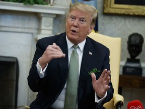 President Donald Trump speaks during a meeting with Irish Prime Minister Leo Varadkar in the Oval Office of the White House, Thursday, March 14, 2019, in Washington.