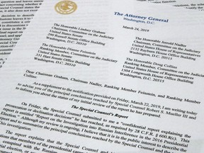 The letter from Attorney General William Barr to Congress on the conclusions reached by special counsel Robert Mueller in the Russia probe photographed on Sunday, March 24, 2019.