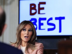 First lady Melania Trump, speaks during a meeting  of the Interagency Working Group on Youth Programs in the State Dining Room of the White House in Washington, Monday, March 18, 2019. The goal is to build upon and improve youth programs that align with her "Be Best" initiative, which focuses on the well-being of children, their safety online and avoiding drugs.