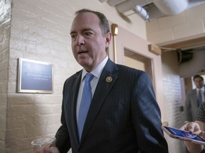 House Intelligence Committee Chairman Adam Schiff, D-Calif., arrives for a Democratic Caucus meeting at the Capitol in Washington, Tuesday, March 26, 2019. Schiff, the focus of Republicans' post-Mueller ire, says Mueller's conclusion would not affect his own committee's counterintelligence probes.
