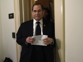 House Judiciary Committee Chairman Rep. Jerrold Nadler, D-N.Y., comes out to talks with reporters following his meeting with former Acting Attorney General Matthew Whitaker on Capitol Hill in Washington, Wednesday, March 13, 2019.
