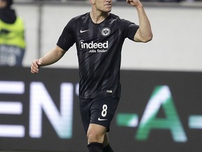 File - In this Thursday, Oct. 4, 2018 file photo, Frankfurt's Luka Jovic celebrates his side's third goal during a Europa League group H soccer match between Eintracht Frankfurt and Lazio Rom in Frankfurt, Germany.