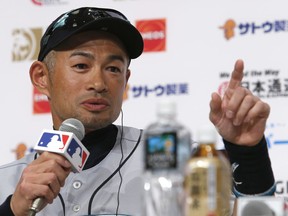Seattle Mariners' Ichiro Suzuki speaks during a press conference in Tokyo Saturday, March 16, 2019. The Mariners will play in a two-baseball game series against the Oakland Athletics to open the Major League season on March 20-21 at Tokyo Dome.
