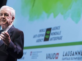 Craig Reedie, President of the World Anti-Doping Agency (WADA), delivers a speech during the opening day of the 2019 WADA annual symposium at the Swiss Tech Convention Center in Lausanne, Switzerland, Wednesday, March 13, 2019.