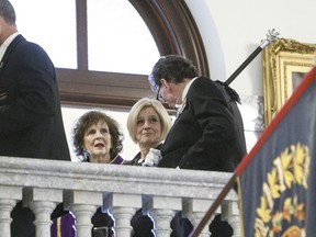 Alberta Lt.-Gov. Lois Mitchell (centre left) and Alberta Premier Rachel Notley make their way to deliver the throne speech in Edmonton Alta, on Monday, March 18, 2019.