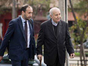 Chilean Cardinal Javier Errazuriz, former papal adviser, arrives to the prosecutor's office for questioning, in Santiago, Chile, Thursday, March 28, 2019. Errazuriz has been accused by Chilean abuse survivors of having covered up for predator priests while he was archbishop of Santiago, a charge he has denied.