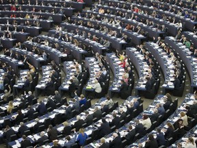 A view of the European Parliament during a plenary session in Strasbourg, eastern France, Wednesday March 27, 2019. The Parliament discusses the conclusions of the 21-22 March EU summit, including Brexit, with European Council President Donald Tusk and Commission President Jean-Claude Juncker.
