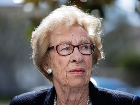 Eva Schloss, the stepsister of Anne Frank and a Holocaust survivor, at a news conference, March 7, 2019, in Newport Beach, Calif.