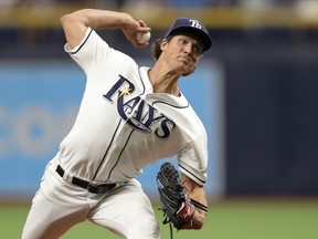 Tampa Bay Rays starting pitcher Tyler Glasnow throws during the first inning of a baseball game against the Houston Astros, Saturday, March 30, 2019, in St. Petersburg, Fla.