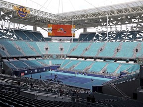 The stadium court in the middle of the field at Hard Rock Stadium at the 2019 Miami Open in Miami Gardens, Florida, Monday, March, 18, 2019.