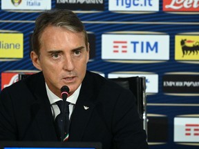 Italian national soccer team coach Roberto Mancini speaks during a press conference at the Coverciano training center, near Florence, Italy, Monday, March 18, 2019.