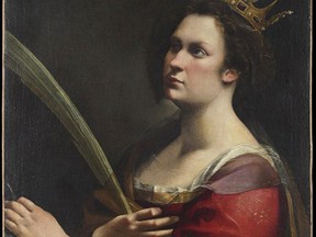 This image provided Tuesday, March 5, 2019, shows a painting "Santa Caterina d'Alessandria", by Italian 17th century artist Artemisia Gentileschi, in Florence, Italy. The Uffizi Galleries say an X-ray exam of a portrait by Artemisia Gentileschi have discovered a hidden painting by the Baroque master. Examination done by a Florence restoration laboratory revealed another portrait, depicting St. Catherine of Alexandria, that is "virtually identical" to a painting recently acquired by London's National Gallery. The Uffizi says the discovery bolsters contentions that Gentileschi, one of history's most famous female painters, modeled female figures on her own image. (Opificio delle Pietre Dure via AP)