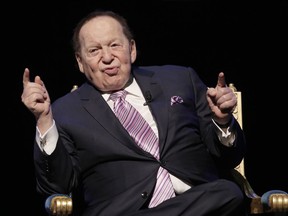 FILE - In this Sept. 13, 2016 file photo, U.S. billionaire Sheldon Adelson speaks during a news conference for the opening of Parisian Macao in Macau. A jury is set to decide how much Las Vegas Sands Corp. has to pay to a Hong Kong businessman for helping the company open its first Macau resort. Attorneys for Richard Suen and Sands are to provide trial overviews Wednesday, March 13, 2019.  Adelson isn't expected to testify, he's battling cancer.