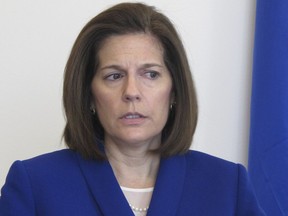 FILE - In this Jan. 11, 2019 file photo, Sen. Catherine Cortez Masto, D-Nev., talks to reporters in her office in Reno, Nev. Sen. Catherine Cortez Masto says Energy Secretary Rick Perry has committed to expediting the removal of weapons-grade plutonium it secretly shipped to a site in Nevada last year if she agrees to stop blocking appointments to vacant positions in his department.