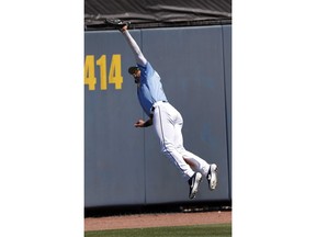 Tampa Bay Rays center fielder Kevin Kiermaier (39) makes a leaping crab on a line drive hit by Pittsburgh Pirates' Colin Moran in the third inning of a spring training baseball game Friday, March 22, 2019, in Port Charlotte, Fla. Tampa Bay won 3-2.