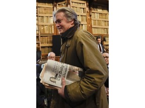 Former White House strategist Steve Bannon arrives to delivers his speech on the occasion of a meeting at Rome's Angelica Library, Thursday, March 21, 2019.