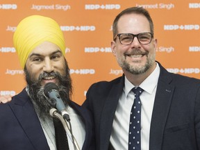 NDP leader Jagmeet Singh, left, announces Alexandre Boulerice as deputy leader of the party during a news conference in Montreal, March 11, 2019.