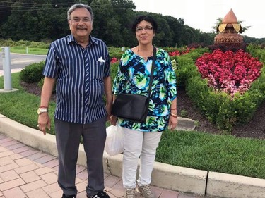 Pannagesh Vaidya, 71, stands next to his wife Hansini Vaidya, 63. Both were on the Ethiopia airlines flight with their daughter, Kosha Vaidya, son-in-law Prerit Dixit and their granddaughters