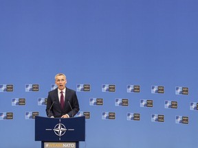 NATO Secretary General Jens Stoltenberg presents the annual report for 2018 during a media conference at NATO headquarters in Brussels, Thursday, March 14, 2019.