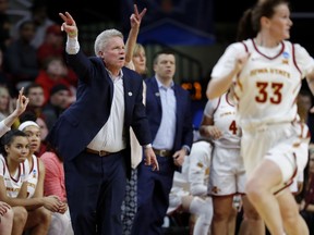 Iowa State coach Bill Fennelly, left, gestures during the first half of the team's second-round game against Iowa State in the NCAA women's college basketball tournament Monday, March 25, 2019, in Ames, Iowa.