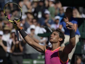 Rafael Nadal, of Spain, celebrates after defeating Diego Schwartzman, of Argentina at the BNP Paribas Open tennis tournament Tuesday, March 12, 2019 in Indian Wells, Calif.