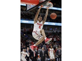 Ohio State's Duane Washington Jr. (4) duns during the second half of an NCAA college basketball game against the Indiana in the second round of the Big Ten Conference tournament, Thursday, March 14, 2019, in Chicago. The Ohio State won 79-75.