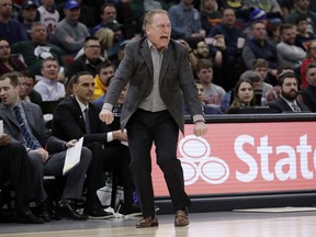 Michigan State head coach Tom Izzo directs his team during the second half of an NCAA college basketball game against Wisconsin in the semifinals of the Big Ten Conference tournament, Saturday, March 16, 2019, in Chicago.