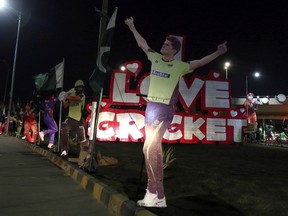 Pakistan's National Stadium is decorated with cutouts of cricket players in Karachi, Pakistan, Wednesday, March 6, 2019. National Stadium will host the last leg of eight Pakistan Super League Twenty20 matches from next Saturday.