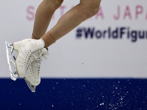 Mariah Bell, of the United States, jumps as she performs her ladies short program in the ISU World Figure Skating Championships at Saitama Super Arena in Saitama, north of Tokyo, Wednesday, March 20, 2019.