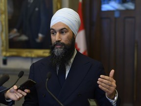 NDP leader Jagmeet Singh speaks to reporters after the tabling of the federal budget in the House of Commons on Parliament Hill in Ottawa on Tuesday, March 19, 2019.