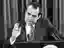 In this June 29, 1972, file photo, President Richard Nixon gestures during a news conference in Washington. 