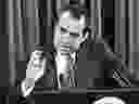 In this June 29, 1972, file photo, President Richard Nixon gestures during his news conference in Washington. 