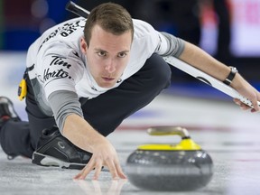 Team Wildcard skip Brendan Bottcher makes a shot during the 18th draw against team Ontario at the Brier in Brandon, Man. Friday, March, 8, 2019.