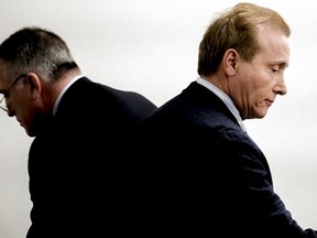 File-This Jan. 30, 2019, file photo shows, Rene Boucher, right, and his attorney Matt Baker during the final day of the civil trial involving Boucher and U.S. Sen. Rand Paul in Warren Circuit Court in Bowling Green, Ky. A Kentucky judge has denied a request for a new trial from a man who a jury said should pay more than $580,000 to U.S. Sen. Rand Paul for injuries Paul suffered when he was tackled by the man. The Daily News of Bowling Green reports Special Judge Tyler Gill rejected a motion Thursday, March 21, 2019, from Boucher's lawyer and said the jury award wasn't excessive considering Boucher's conduct and Paul's injuries.