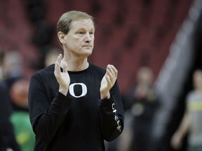 Oregon head coach Dana Altman watches during practice for the NCAA men's college basketball tournament, Wednesday, March 27, 2019, in Louisville, Ky.