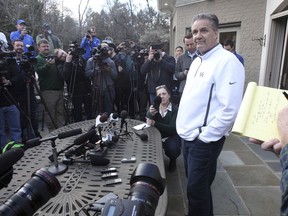 Kentucky head coach John Calipari addresses the media on his back porch after watching the NCAA College basketball selection show at his home in Lexington, Ky., Sunday, March 17, 2019.